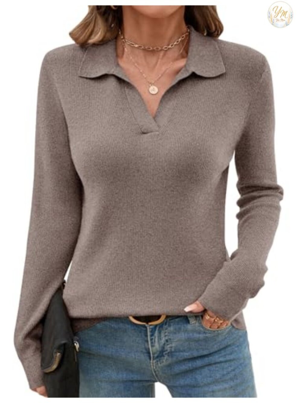 Women's Knitted Collared Sweater Long Sleeve V-Neck Polo Pullover